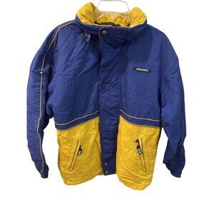 Descente Jacket Mens Large Blue Yellow Ski Snowboard Hooded Goggle Pocket Shell